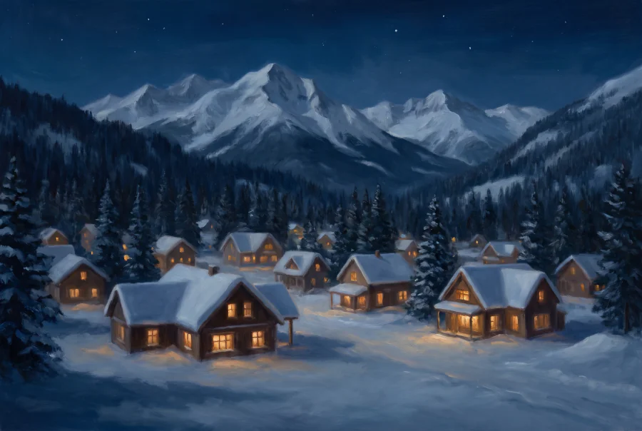 Painted illustration of a snowy mountain town, not a picture of Anchorage